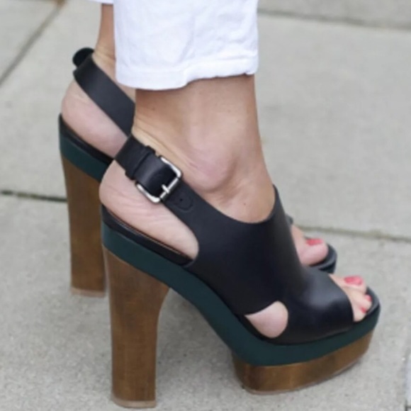 Marni for H&M Black Leather Strappy Plateau Platform Peep Toe Wooden Heels Sz 6 - Picture 6 of 8